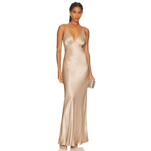 Nwt Bec + Bridge V-Neck Relax Open Back Lorelai Satin Maxi Gown Taupe Us 10 $280